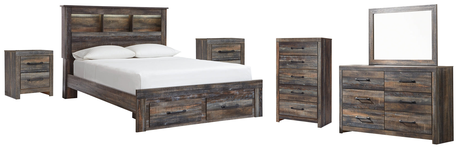 Drystan Queen Bookcase Bed with 2 Storage Drawers with Mirrored Dresser, Chest and 2 Nightstands Smyrna Furniture Outlet