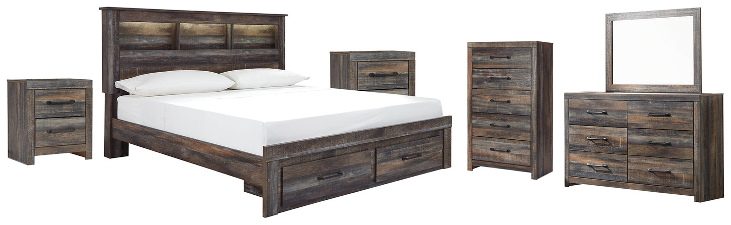 Drystan Queen Bookcase Bed with 2 Storage Drawers with Mirrored Dresser, Chest and 2 Nightstands Smyrna Furniture Outlet