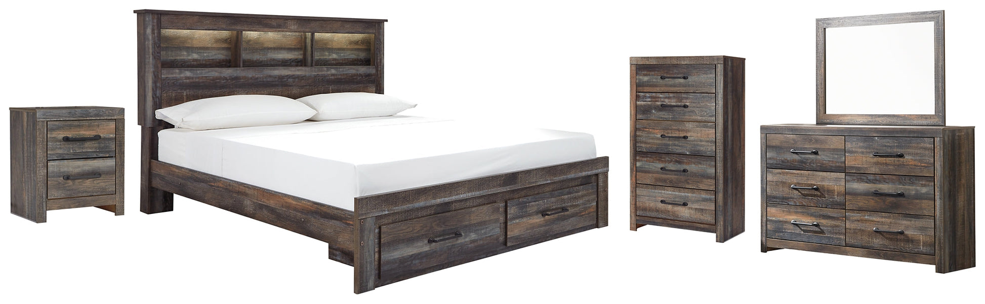 Drystan Queen Bookcase Bed with 2 Storage Drawers with Mirrored Dresser, Chest and Nightstand Smyrna Furniture Outlet