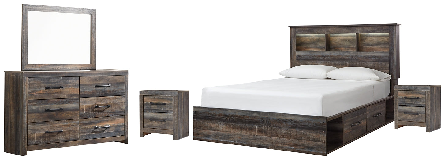 Drystan Queen Bookcase Bed with 4 Storage Drawers with Mirrored Dresser and 2 Nightstands Smyrna Furniture Outlet