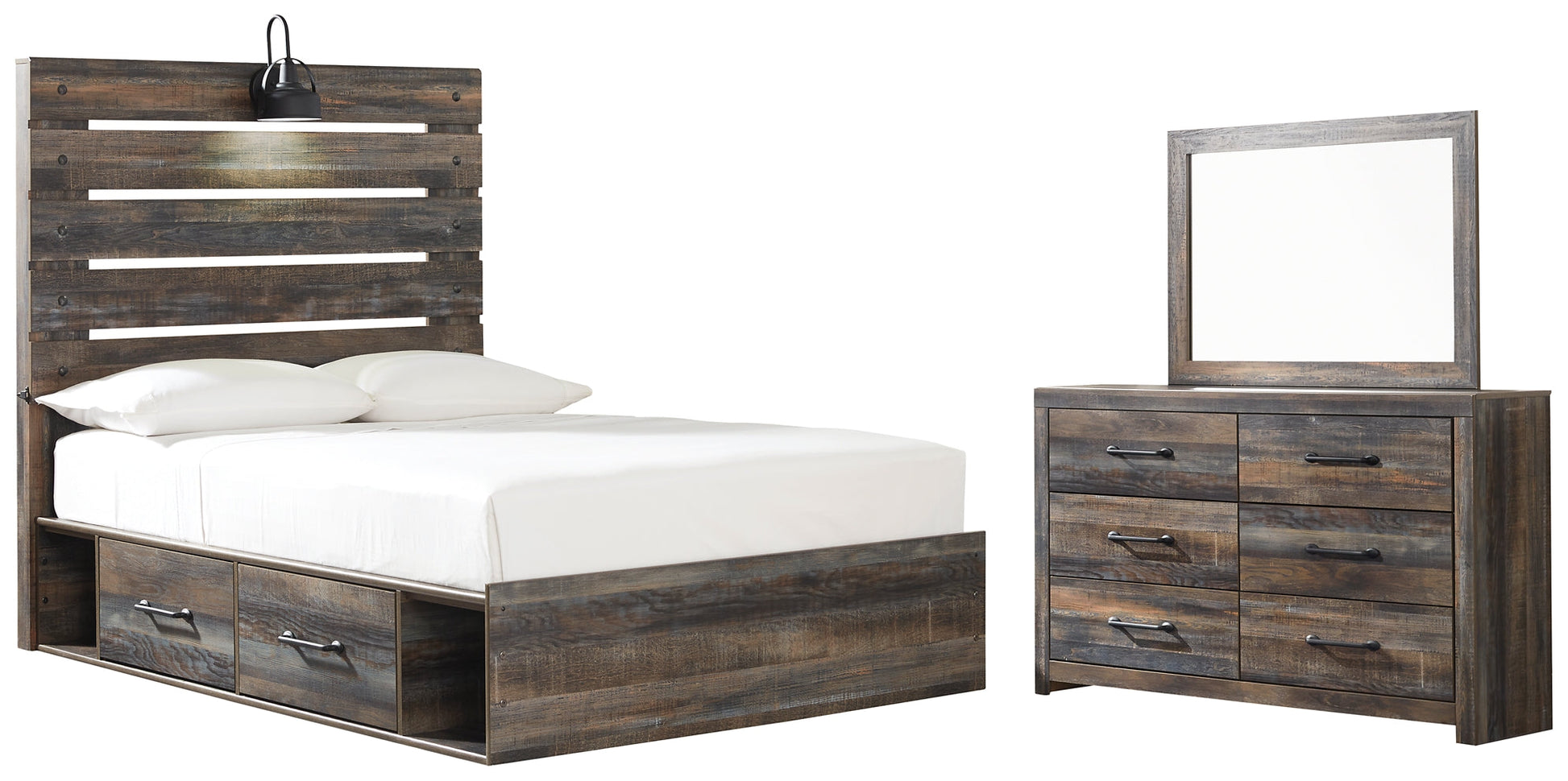 Drystan Twin Panel Bed with 2 Storage Drawers with Mirrored Dresser Smyrna Furniture Outlet