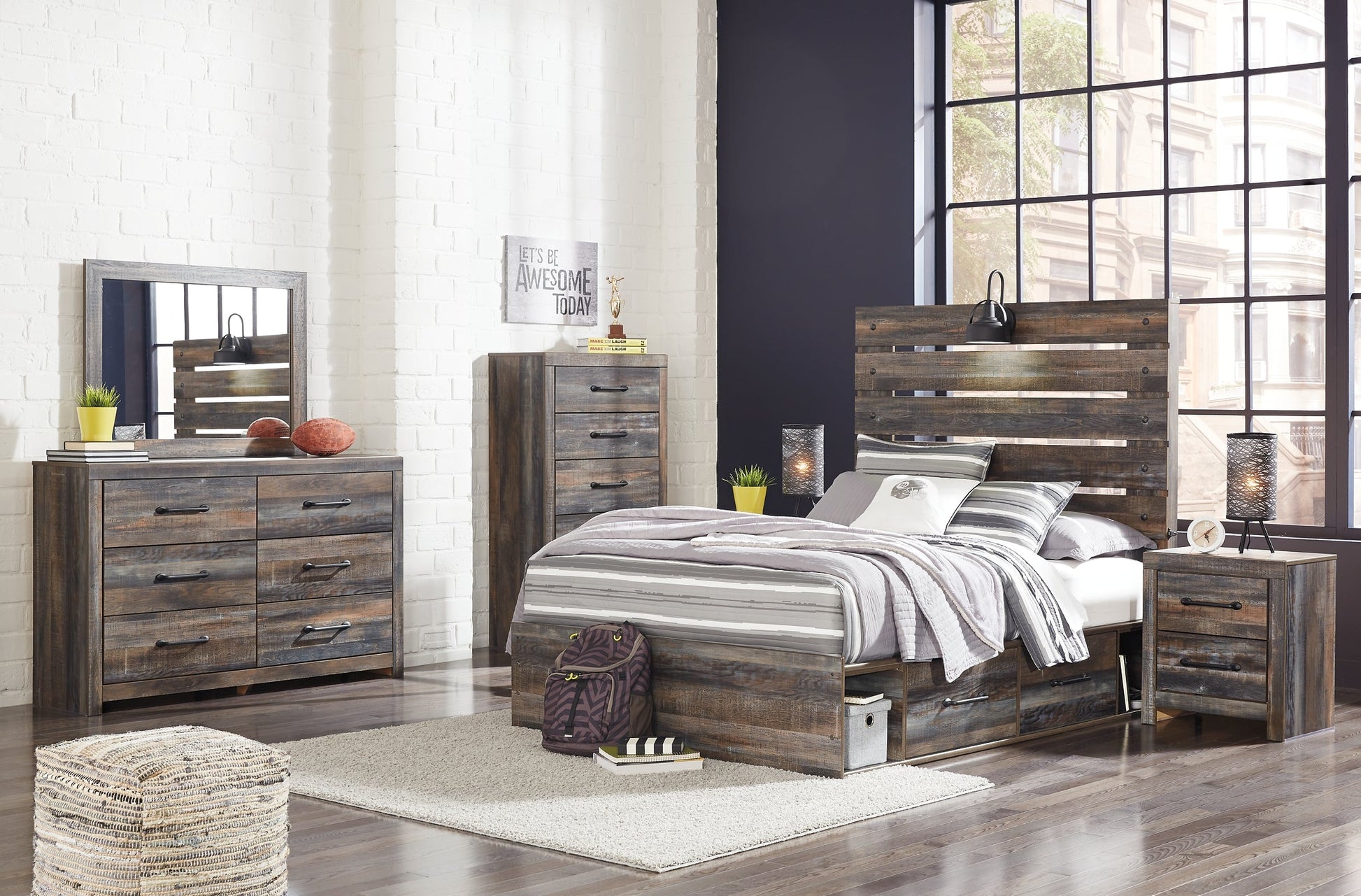 Drystan Twin Panel Bed with 2 Storage Drawers with Mirrored Dresser Smyrna Furniture Outlet