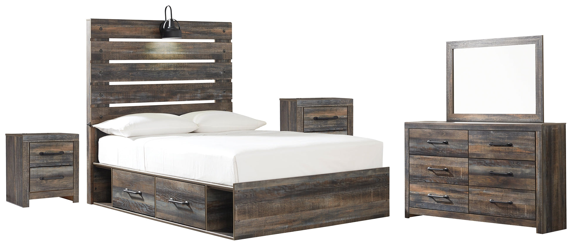 Drystan Twin Panel Bed with 2 Storage Drawers with Mirrored Dresser and 2 Nightstands Smyrna Furniture Outlet