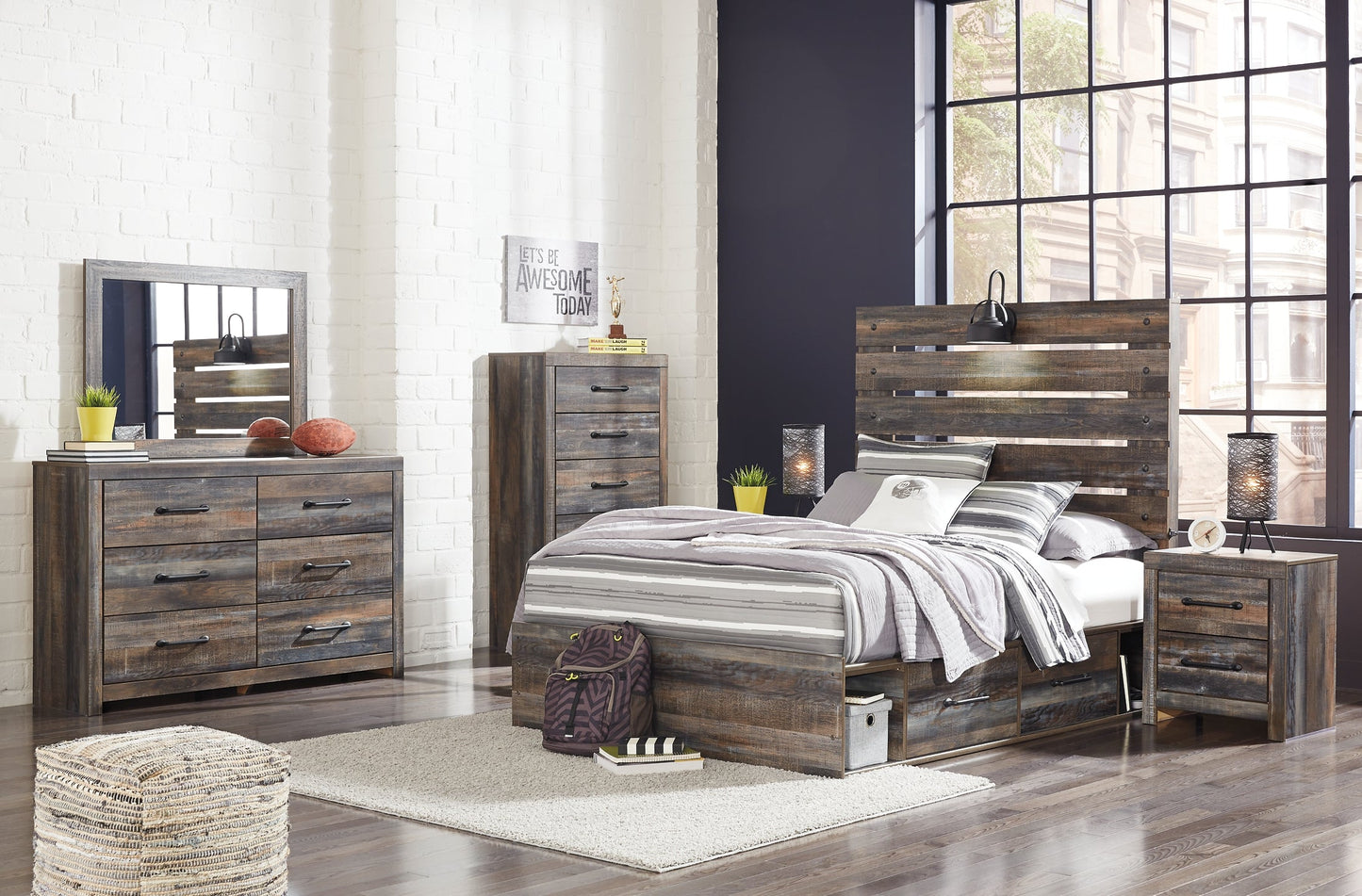 Drystan Twin Panel Bed with 2 Storage Drawers with Mirrored Dresser and Chest Smyrna Furniture Outlet