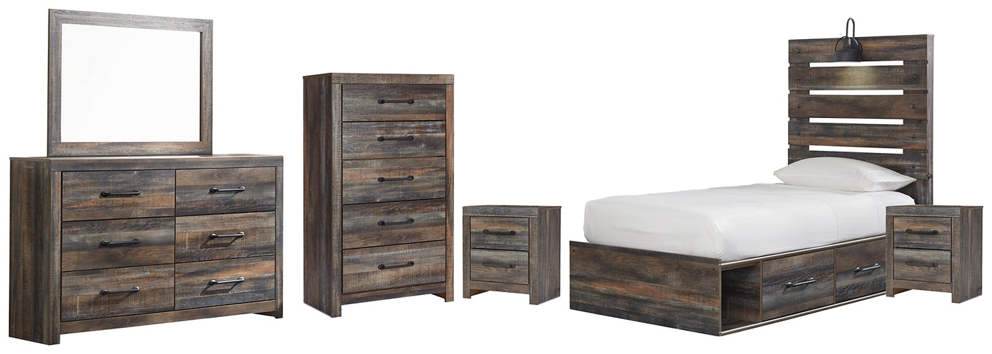 Drystan Twin Panel Bed with 4 Storage Drawers with Mirrored Dresser, Chest and 2 Nightstands Smyrna Furniture Outlet