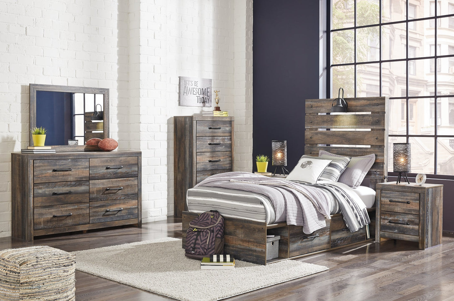 Drystan Twin Panel Bed with 4 Storage Drawers with Mirrored Dresser, Chest and 2 Nightstands Smyrna Furniture Outlet