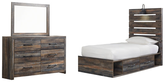 Drystan Twin Panel Bed with 4 Storage Drawers with Mirrored Dresser Smyrna Furniture Outlet
