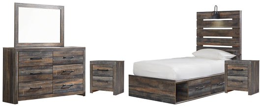 Drystan Twin Panel Bed with 4 Storage Drawers with Mirrored Dresser and 2 Nightstands Smyrna Furniture Outlet