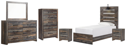 Drystan Twin Panel Bed with Mirrored Dresser, Chest and 2 Nightstands Smyrna Furniture Outlet