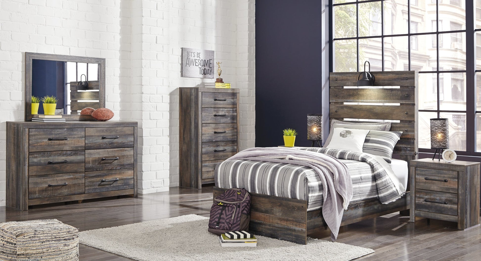 Drystan Twin Panel Bed with Mirrored Dresser, Chest and 2 Nightstands Smyrna Furniture Outlet