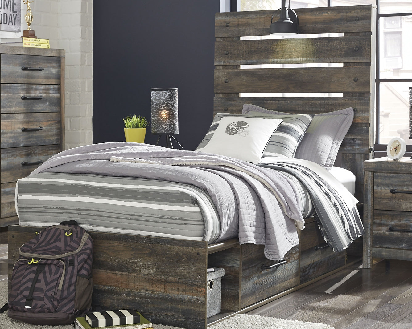 Drystan Twin Panel Bed with Mirrored Dresser Smyrna Furniture Outlet