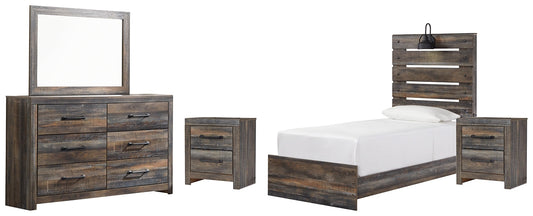 Drystan Twin Panel Bed with Mirrored Dresser and 2 Nightstands Smyrna Furniture Outlet