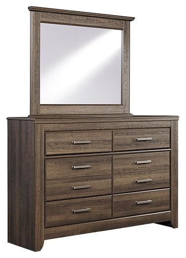 Juararo King Panel Bed with Mirrored Dresser, Chest and Nightstand Smyrna Furniture Outlet