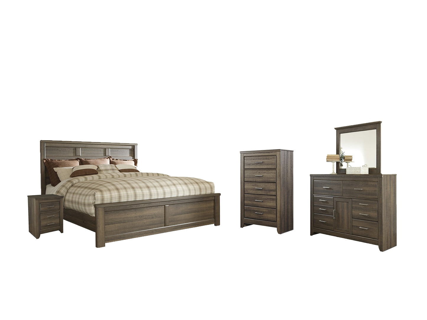 Juararo King Panel Bed with Mirrored Dresser, Chest and Nightstand Smyrna Furniture Outlet