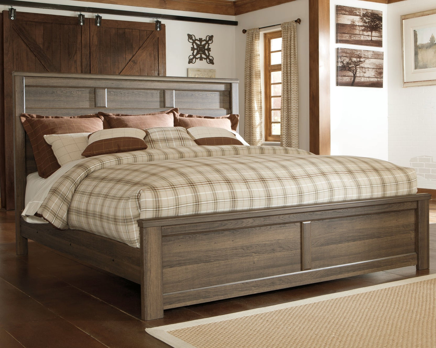 Juararo King Panel Bed with Mirrored Dresser, Chest and Nightstand Smyrna Furniture Outlet