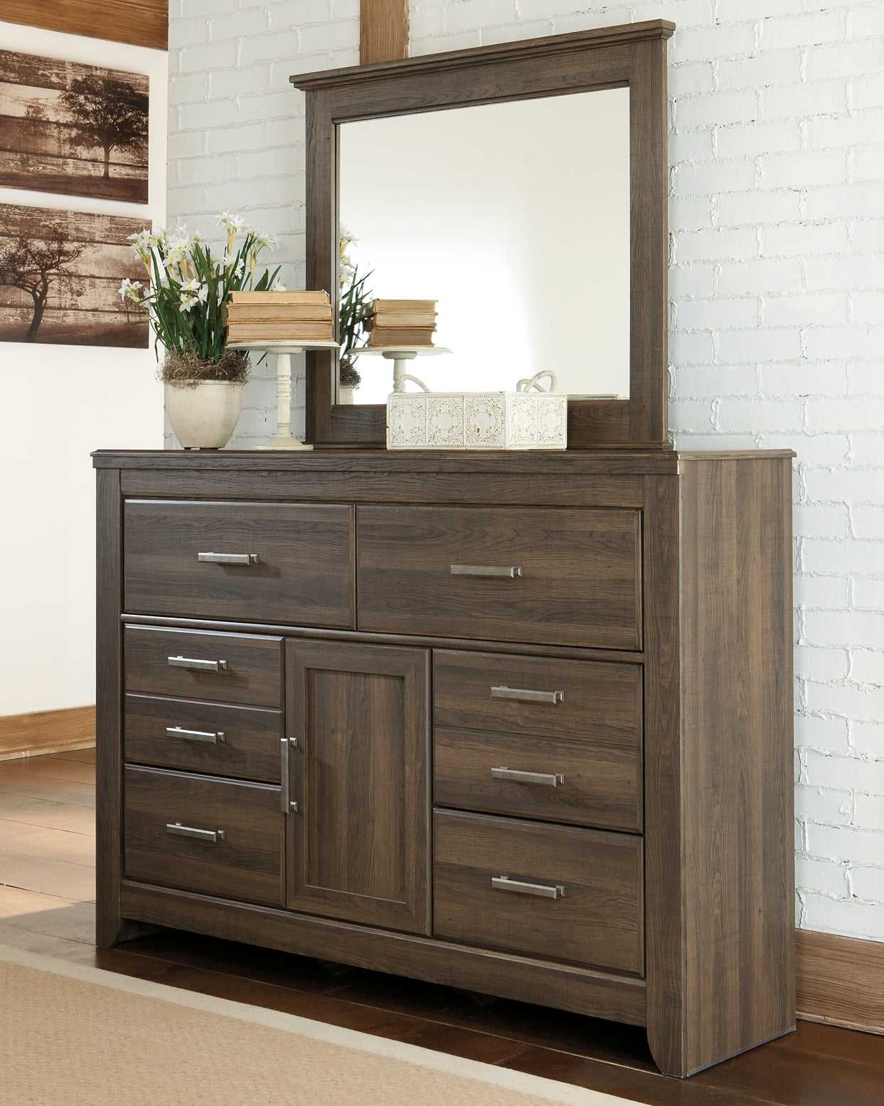 Juararo King Panel Bed with Mirrored Dresser, Chest and Nightstand Smyrna Furniture Outlet