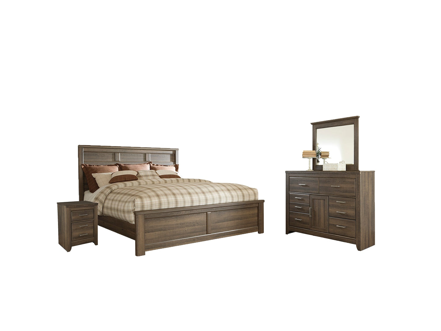 Juararo King Panel Bed with Mirrored Dresser and 2 Nightstands Smyrna Furniture Outlet