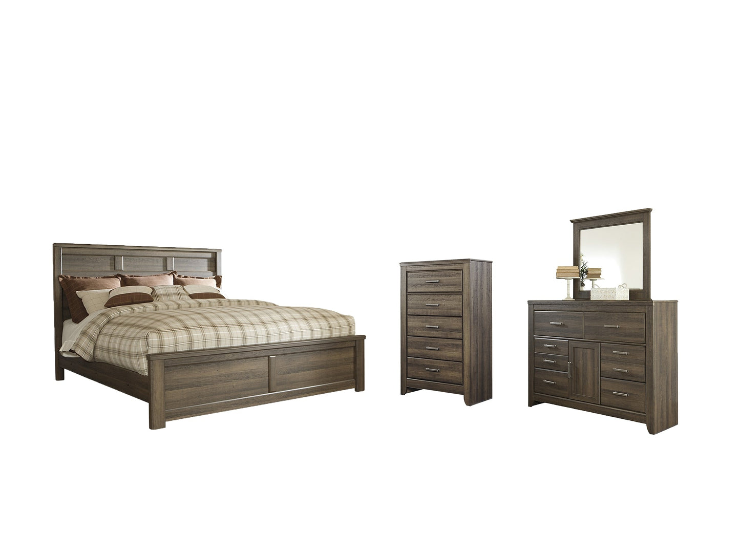 Juararo King Panel Bed with Mirrored Dresser and Chest Smyrna Furniture Outlet