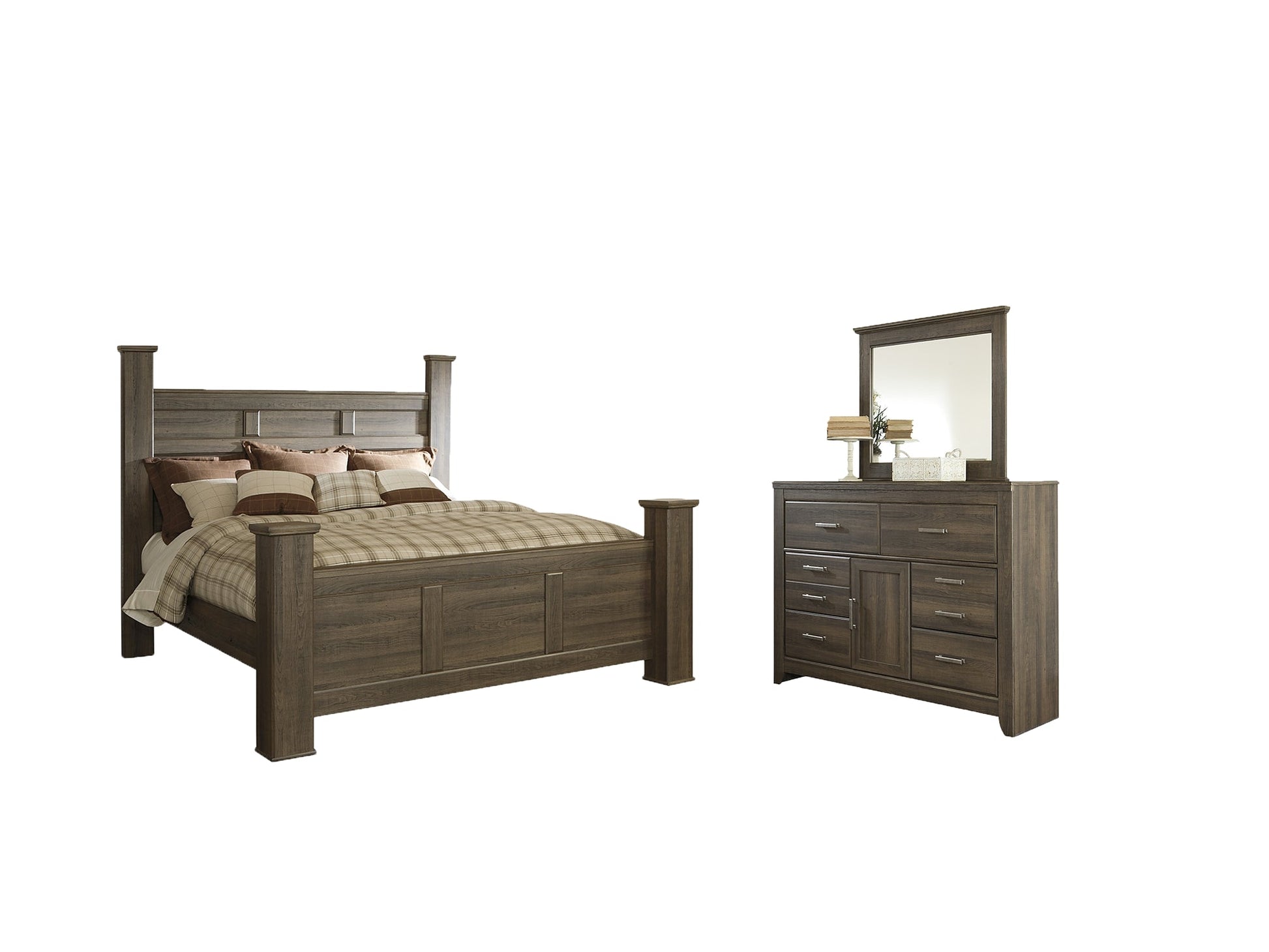 Juararo King Poster Bed with Mirrored Dresser Smyrna Furniture Outlet