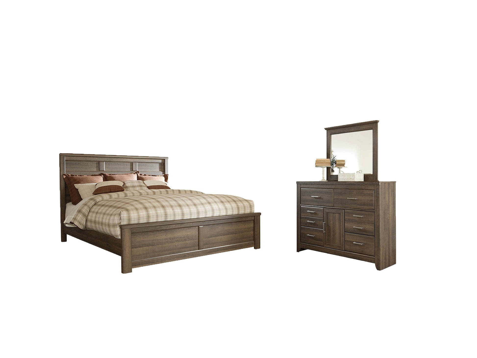 Juararo Queen Panel Bed with Mirrored Dresser Smyrna Furniture Outlet