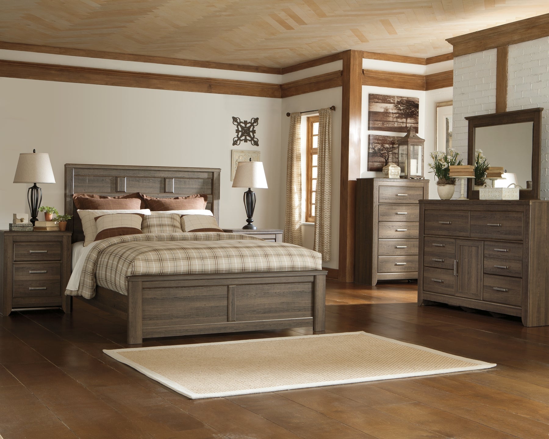 Juararo Queen Panel Bed with Mirrored Dresser Smyrna Furniture Outlet