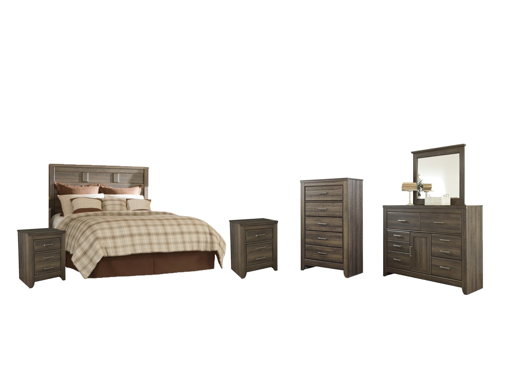 Juararo Queen Panel Headboard with Mirrored Dresser, Chest and 2 Nightstands Smyrna Furniture Outlet