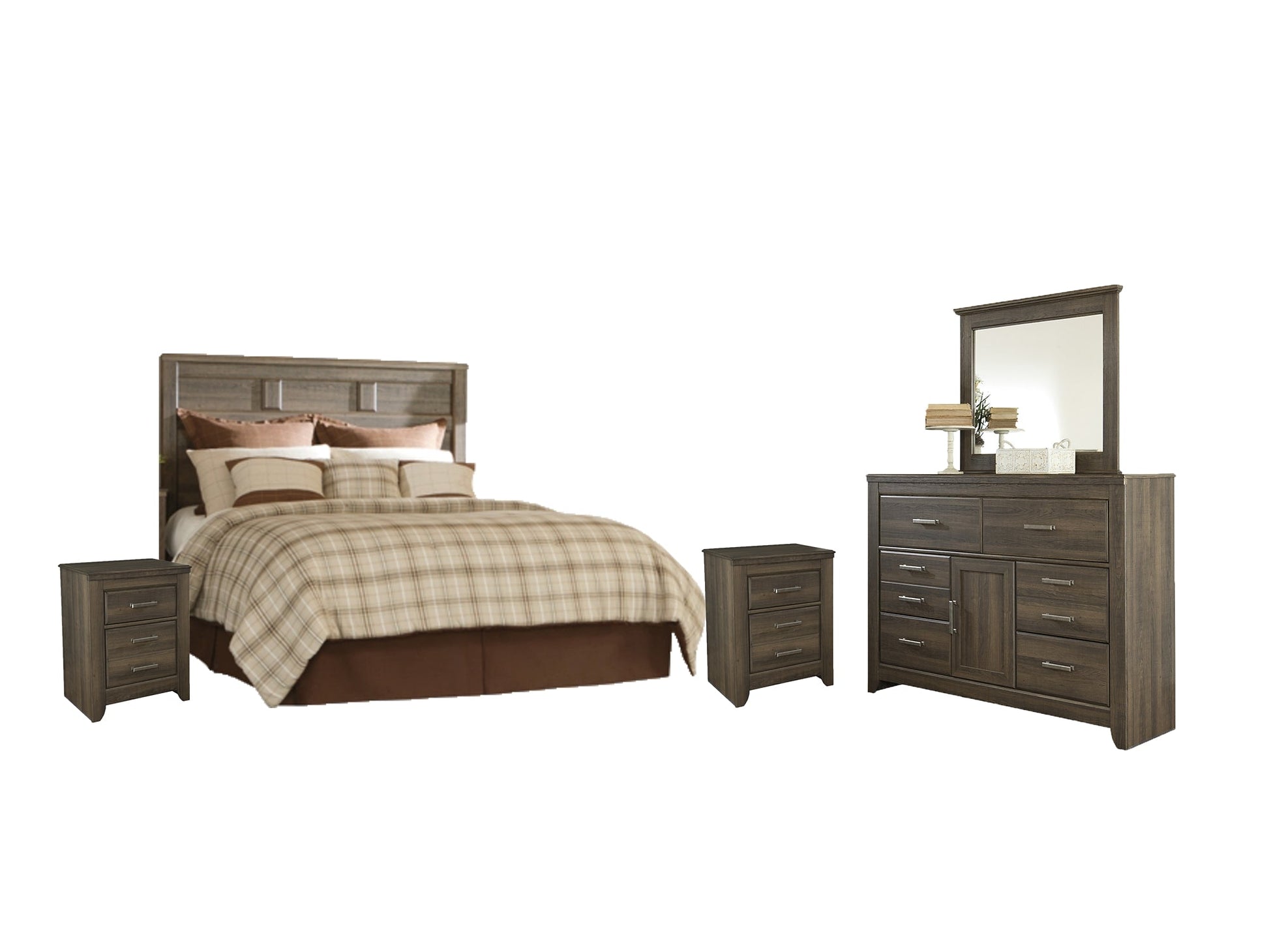 Juararo Queen Panel Headboard with Mirrored Dresser and 2 Nightstands Smyrna Furniture Outlet