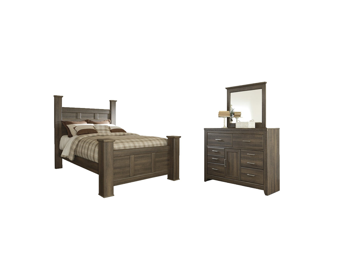 Juararo Queen Poster Bed with Mirrored Dresser Smyrna Furniture Outlet