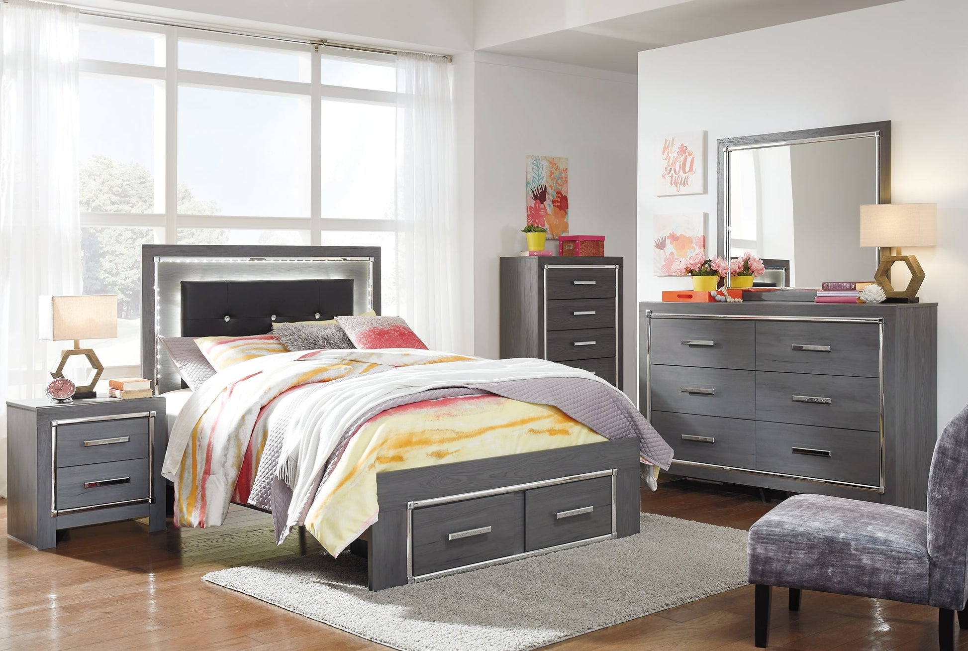 Lodanna Full Panel Bed with 2 Storage Drawers with Mirrored Dresser, Chest and 2 Nightstands Smyrna Furniture Outlet