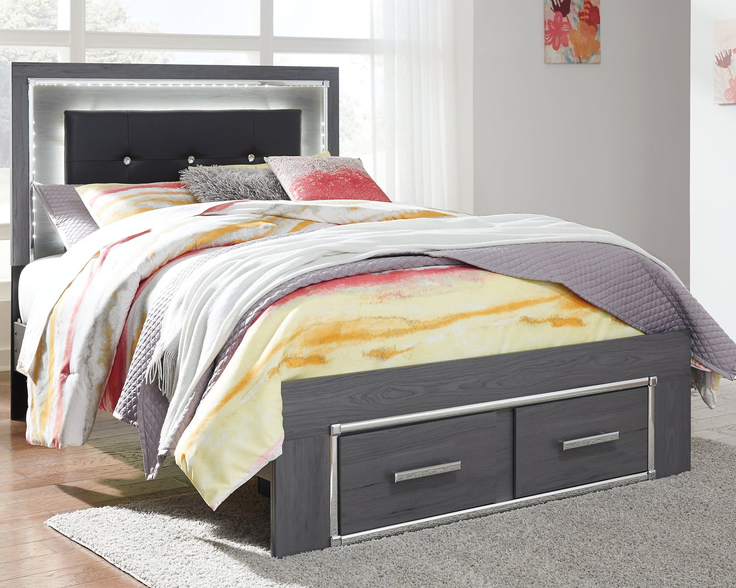 Lodanna Full Panel Bed with 2 Storage Drawers with Mirrored Dresser and Chest Smyrna Furniture Outlet