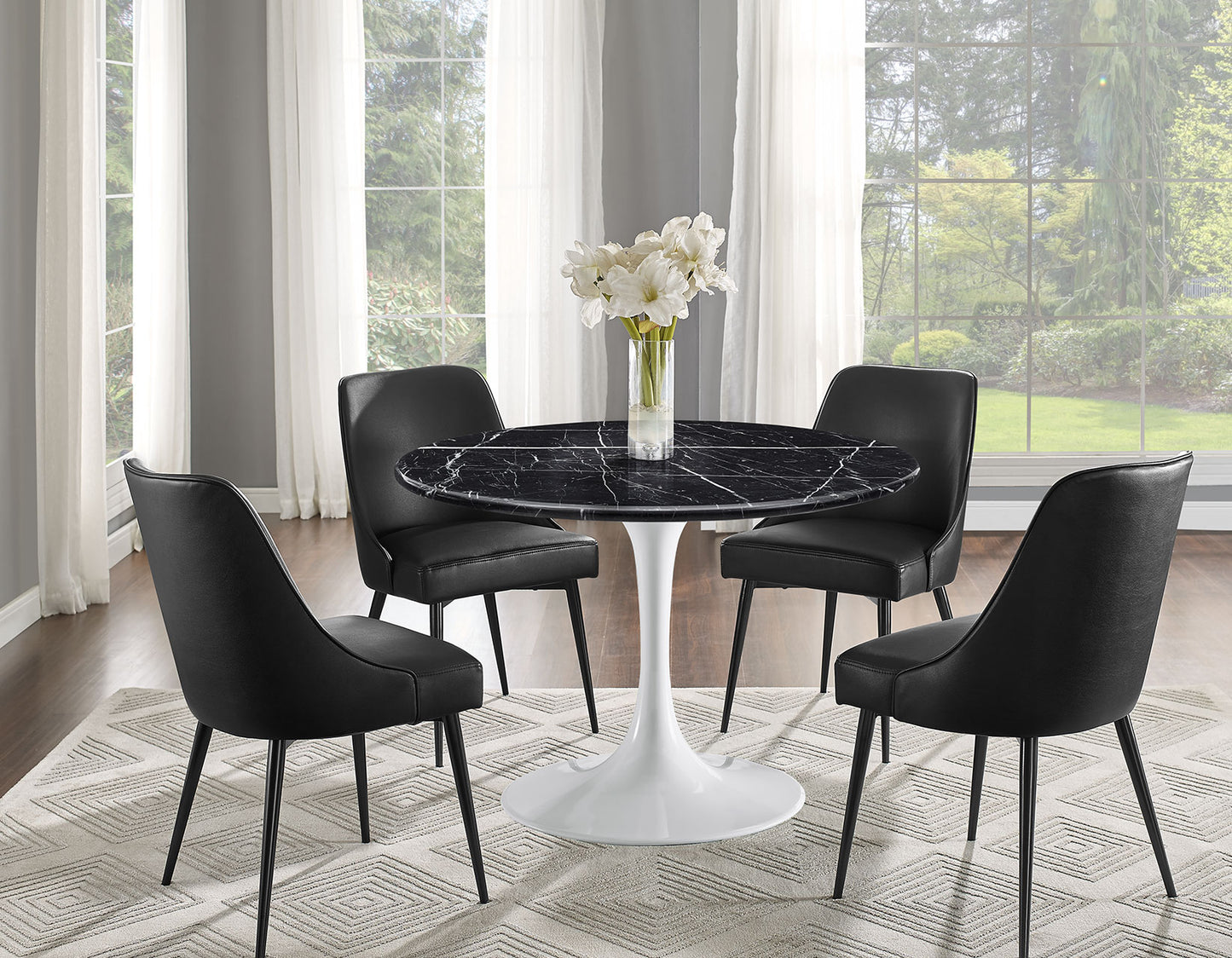 Colfax 45 inch Round Black Marquina Marble Top/White Base Dining Table